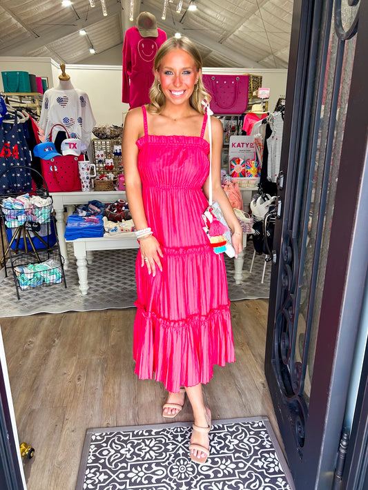 Hot Pink Midi Pleated Dress - Southern Belle Boutique