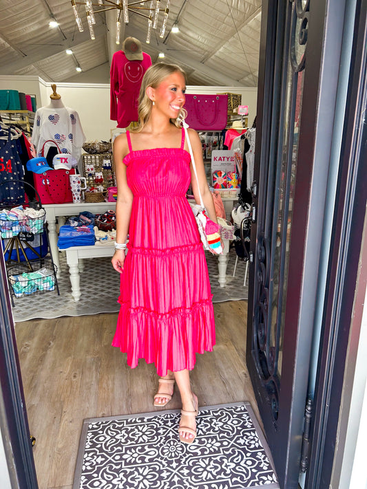 Hot Pink Midi Pleated Dress - Southern Belle Boutique