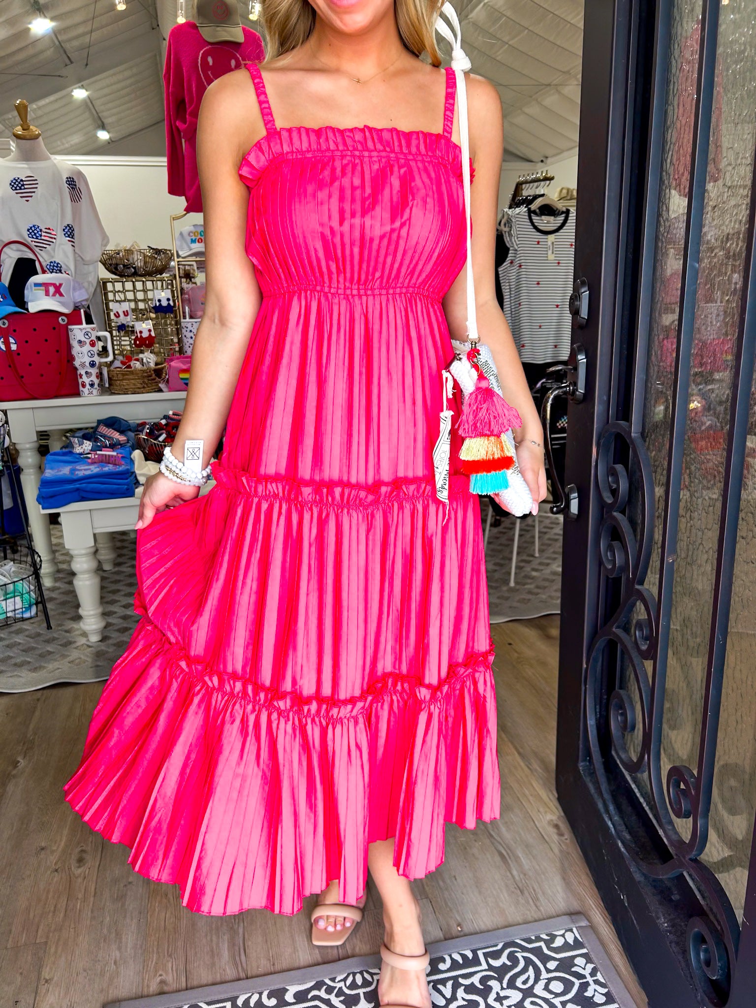 Hot Pink Midi Pleated Dress - Southern Belle Boutique