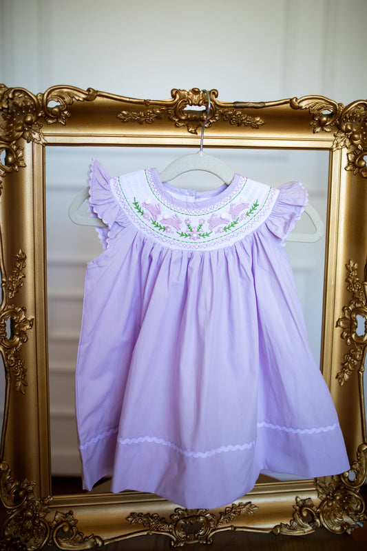 Lt Purple Bunnies Smocked Bishop Dress - Southern Belle Boutique