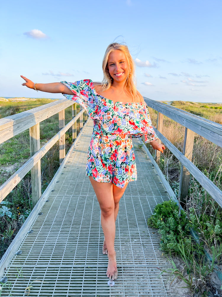 Kelly Green Floral Print Romper - Southern Belle Boutique