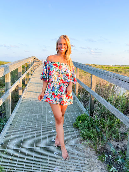 Kelly Green Floral Print Romper - Southern Belle Boutique