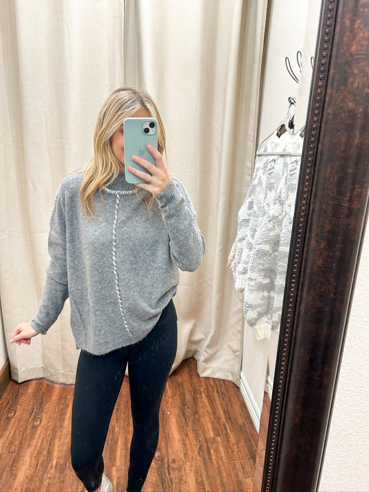 Grey Stitched Sweater - Southern Belle Boutique