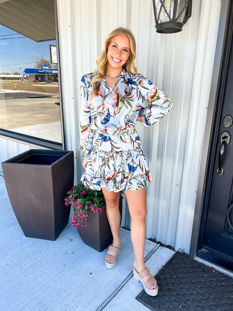 Tropcial Print Ruffle Mini Dress - Southern Belle Boutique