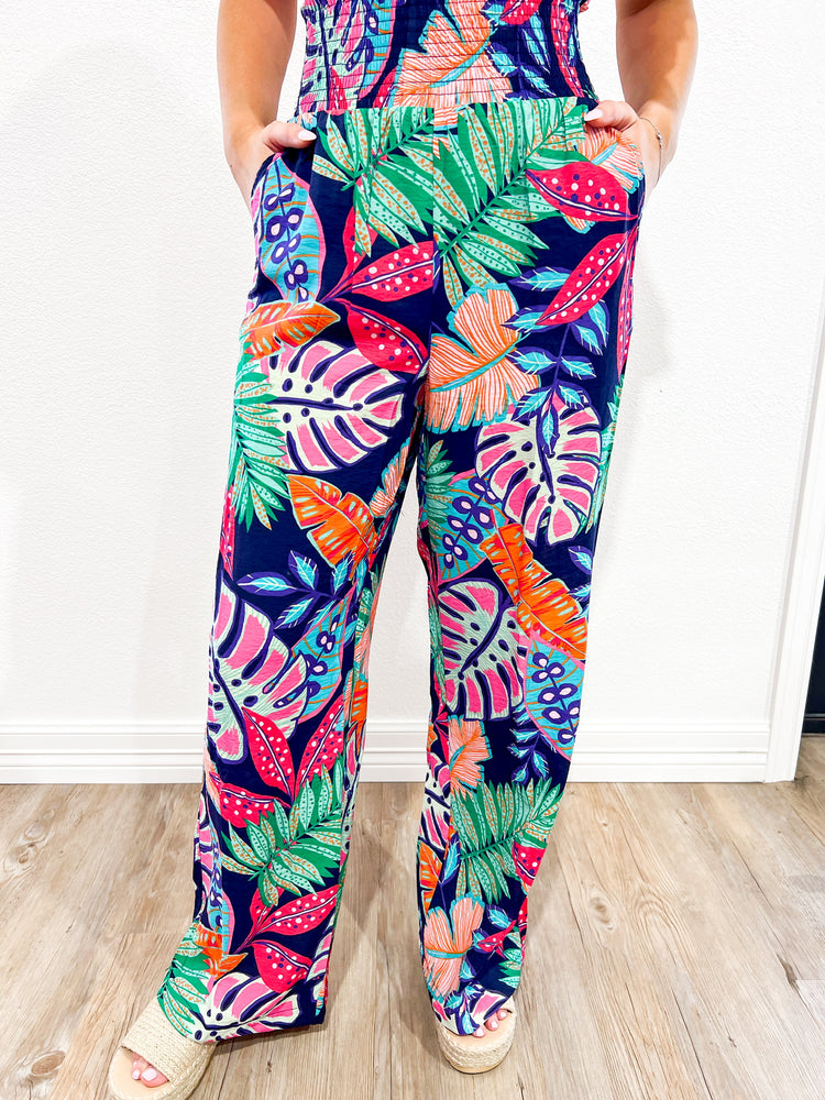 Tropical Print Smocked Pants - Southern Belle Boutique