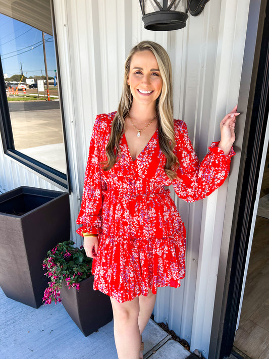Red Floral Print Mini Dress - Southern Belle Boutique