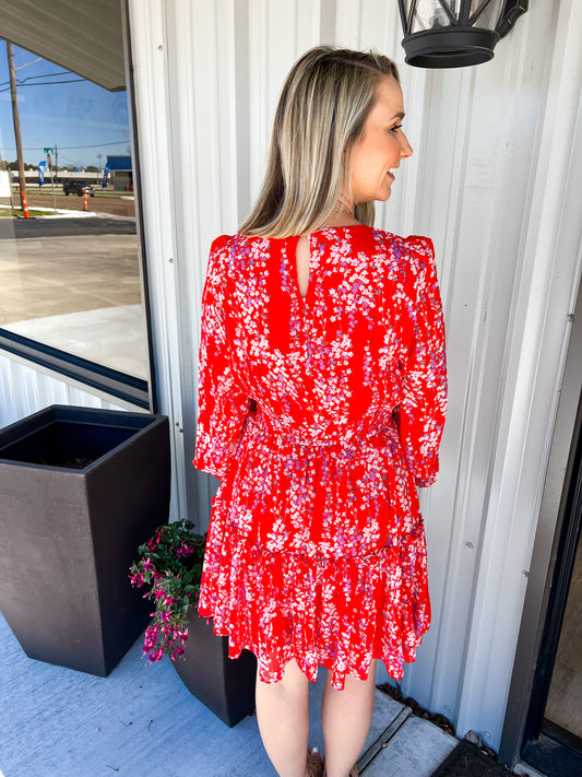 Red Floral Print Mini Dress - Southern Belle Boutique