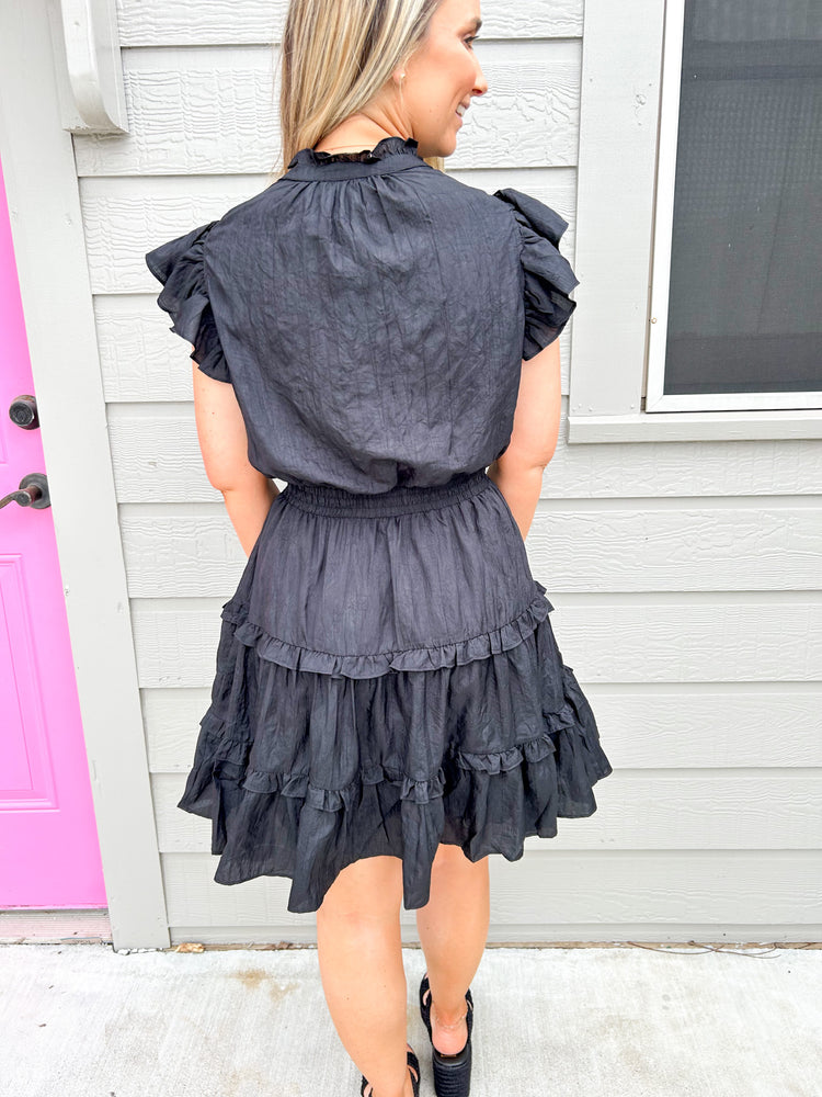 Crinkled Tiered Mini Dress - Black - Southern Belle Boutique