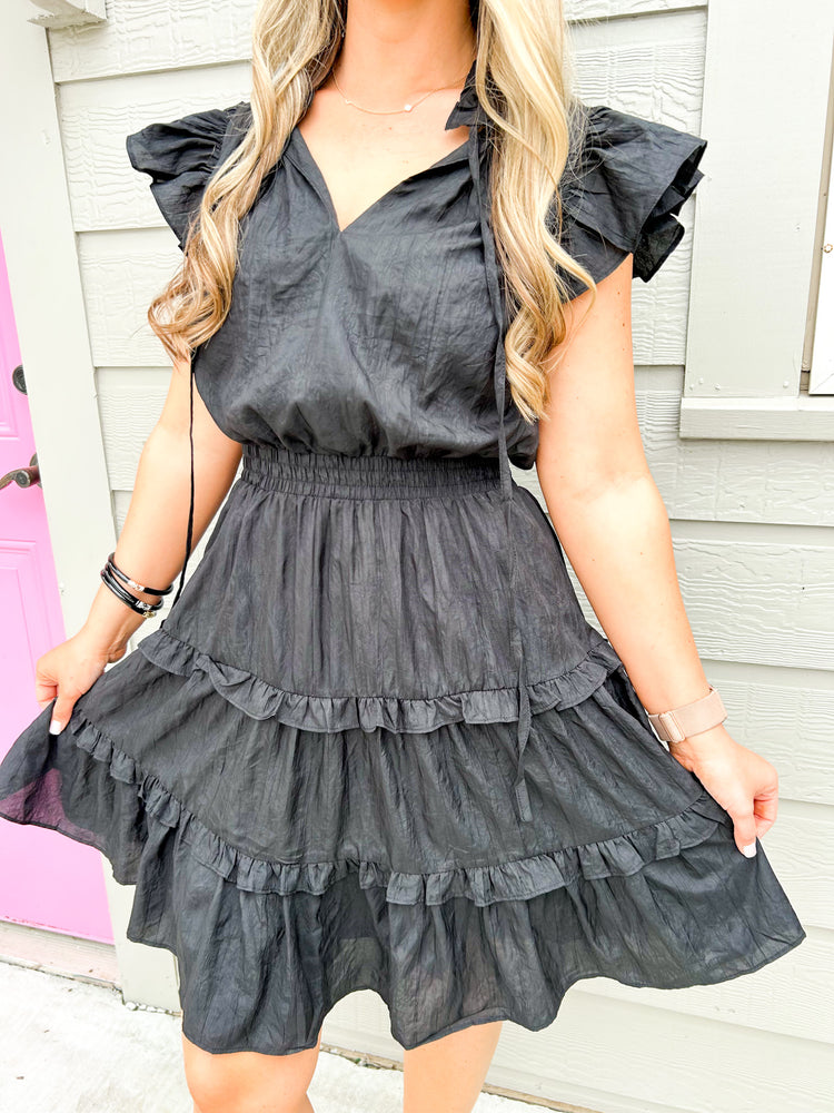 Crinkled Tiered Mini Dress - Black - Southern Belle Boutique