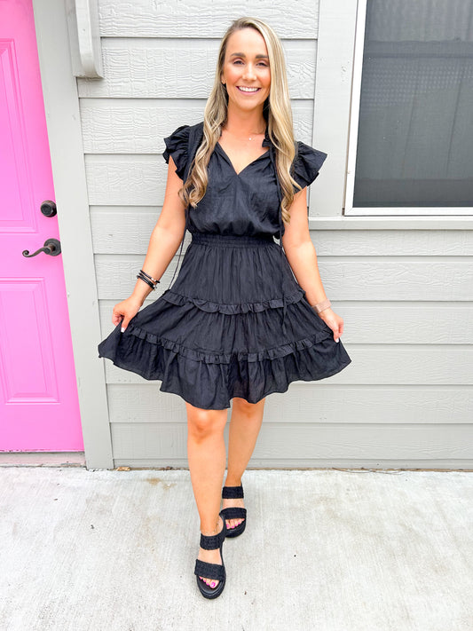 Crinkled Tiered Mini Dress - Black - Southern Belle Boutique