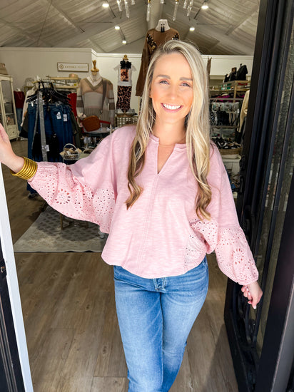 Pink Eyelet Sleeve Top - Southern Belle Boutique