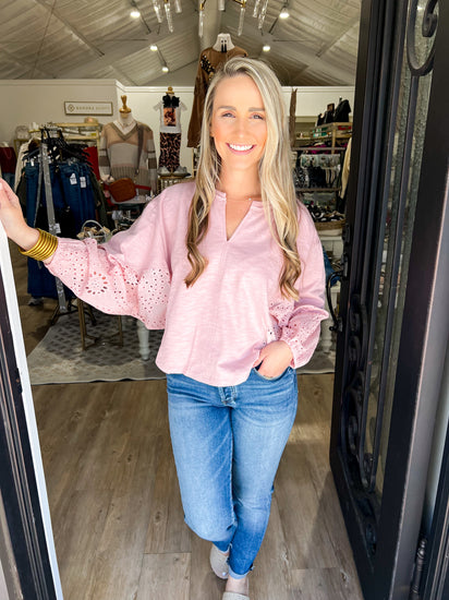 Pink Eyelet Sleeve Top - Southern Belle Boutique