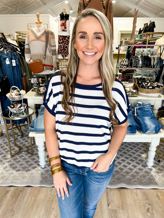 Navy Striped Buttoned Shoulder Top - Southern Belle Boutique
