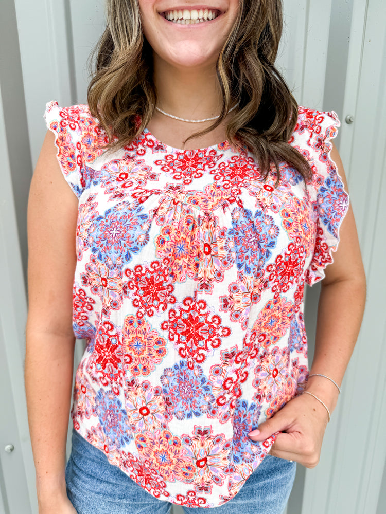 Anelia Petal Sleeve Top - Floral Medallion