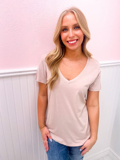 Kasey Modal V-Neck Tee - Oatmeal - Southern Belle Boutique