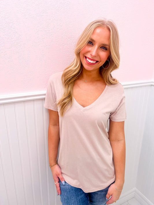 Kasey Modal V-Neck Tee - Oatmeal - Southern Belle Boutique