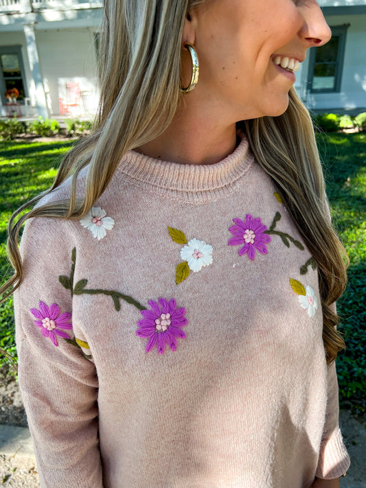 Blush Flower Emb Sweater - Southern Belle Boutique