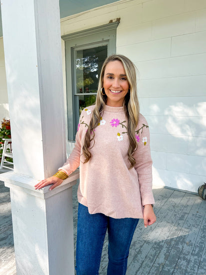 Blush Flower Emb Sweater - Southern Belle Boutique