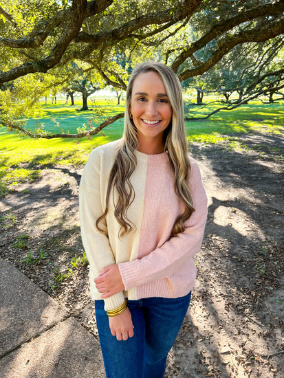 Colorblock Sweater - Ivory/Pink - Southern Belle Boutique