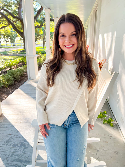 Front Slit Sweater Pullover - Oatmeal - Southern Belle Boutique