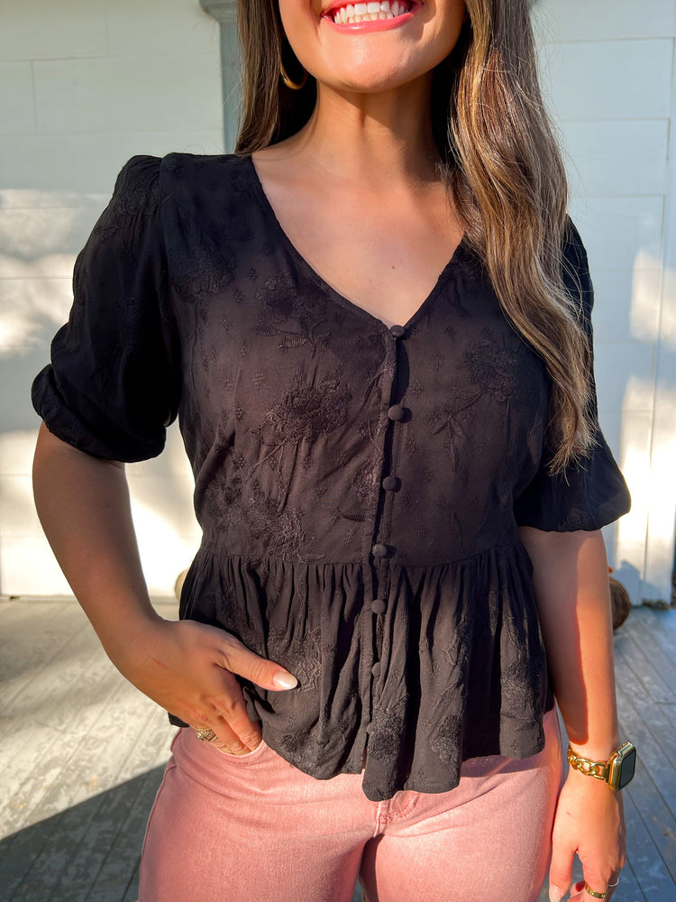 Sutton Peplum Top Black Velvet Petunia - Southern Belle Boutique