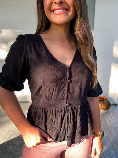 Sutton Peplum Top Black Velvet Petunia - Southern Belle Boutique