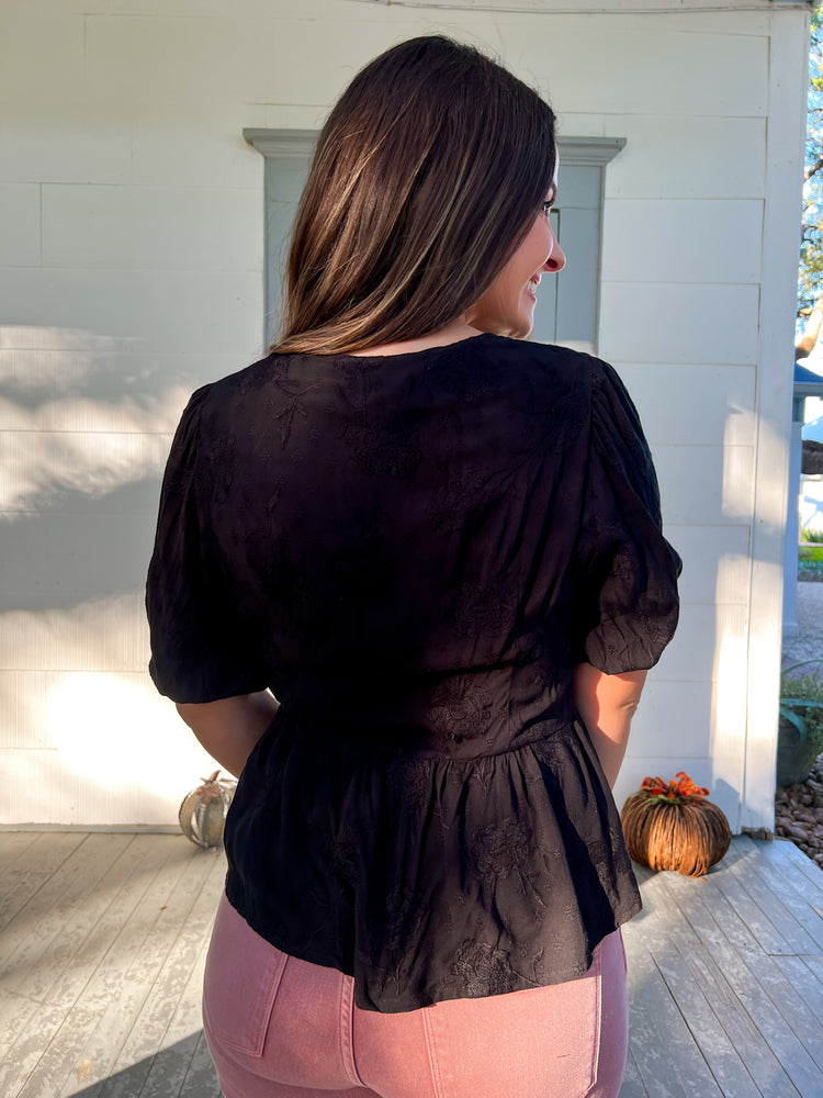 Sutton Peplum Top Black Velvet Petunia - Southern Belle Boutique