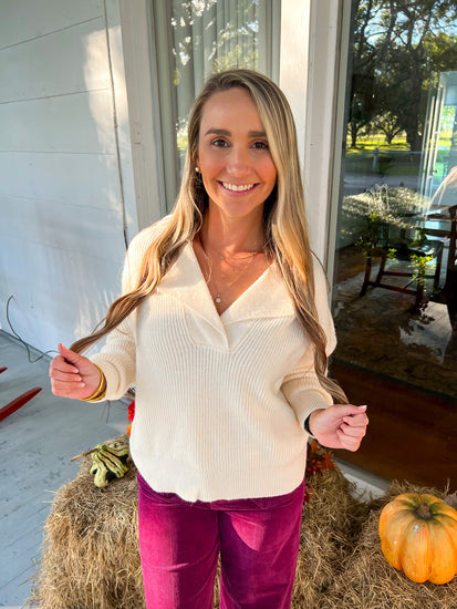 Collared Knit Sweater Top - Ivory - Southern Belle Boutique