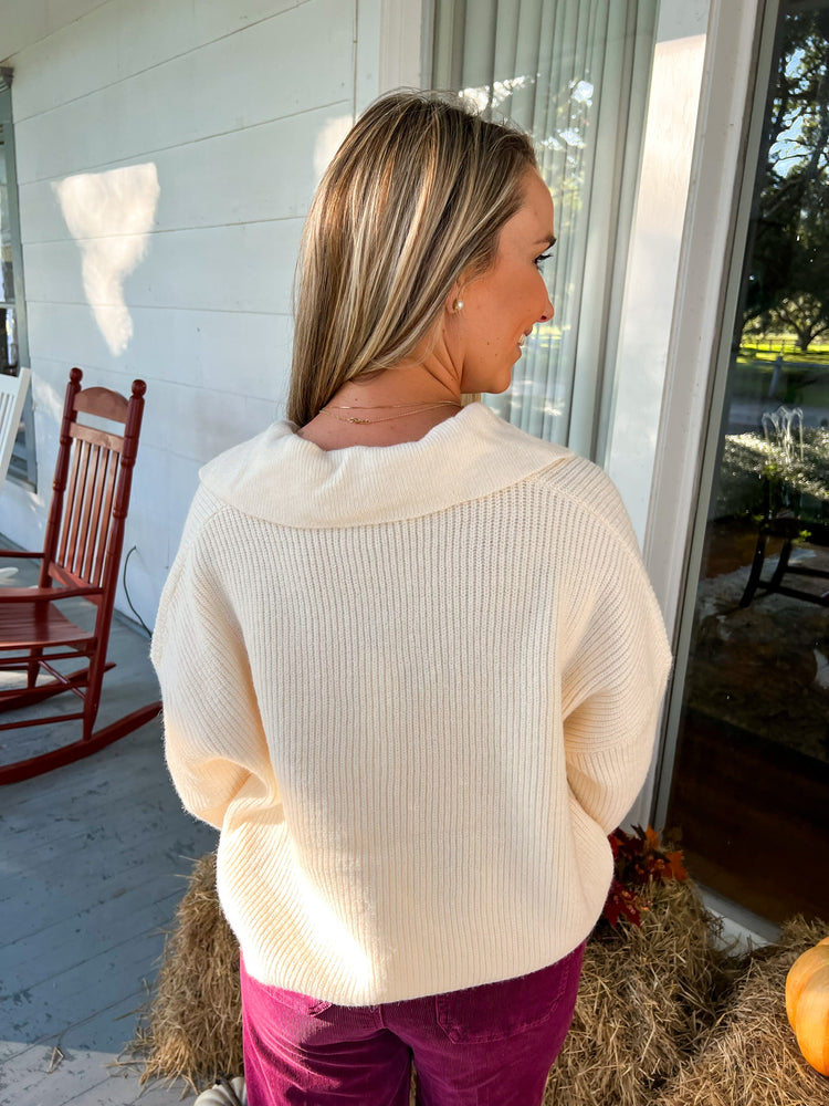 Collared Knit Sweater Top - Ivory - Southern Belle Boutique
