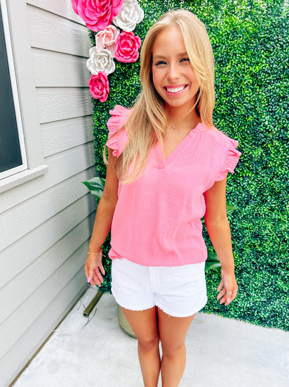 Coral Ruffle Cap Sleeve Blouse - Southern Belle Boutique