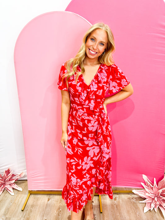 Floral Print Maxi Dress - Red Pink - Southern Belle Boutique