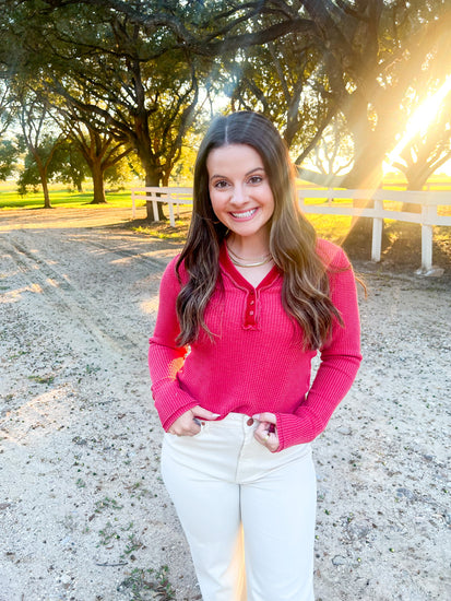 Luna Thermal Placket Top - Red Barbados - Southern Belle Boutique