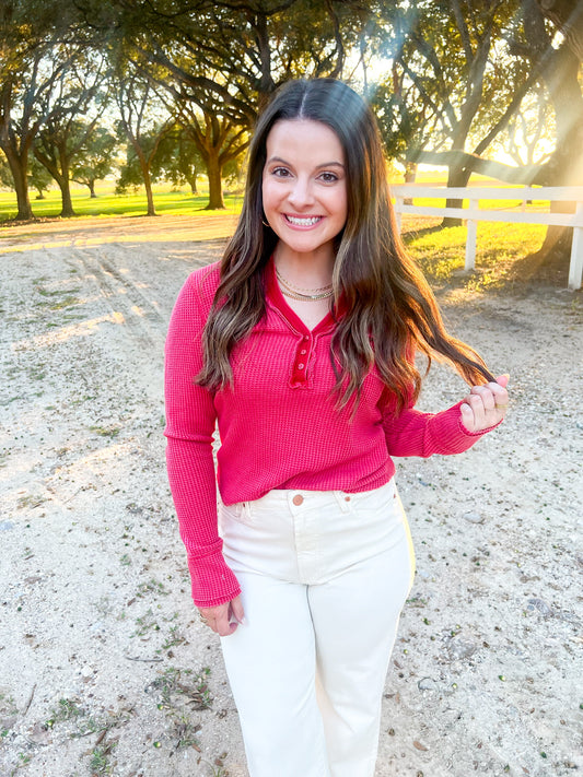 Luna Thermal Placket Top - Red Barbados - Southern Belle Boutique