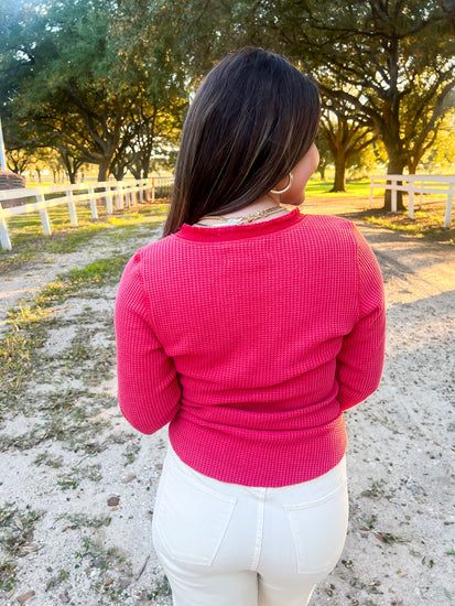 Luna Thermal Placket Top - Red Barbados - Southern Belle Boutique