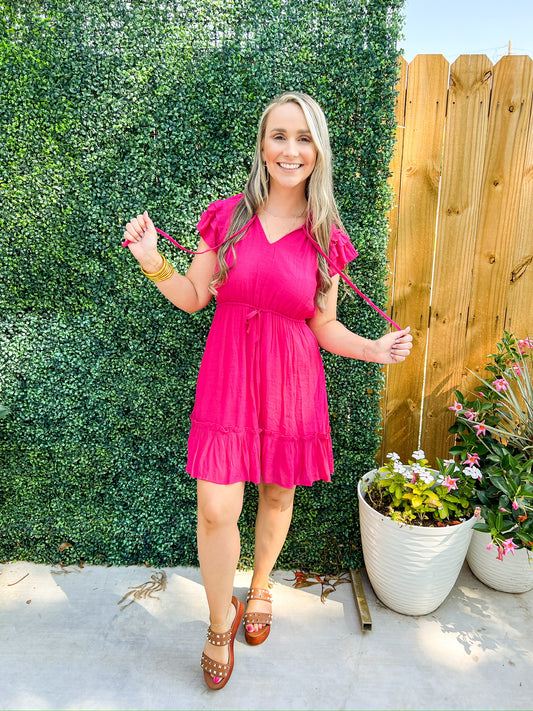 Hot Pink Ruffle Sleeve Dress - Southern Belle Boutique