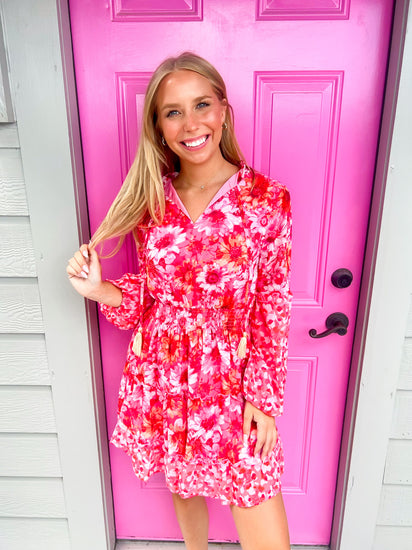 Flower Print Sheer Long Sleeve Dress - Southern Belle Boutique