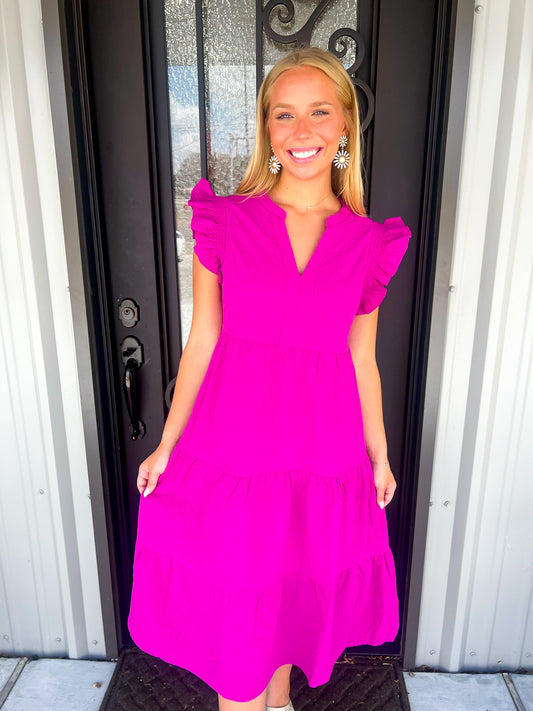 Fuschia Ruffle Sleeve Tiered Dress - Southern Belle Boutique