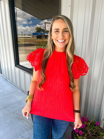 Red Eyelet Sleeve Top - Southern Belle Boutique