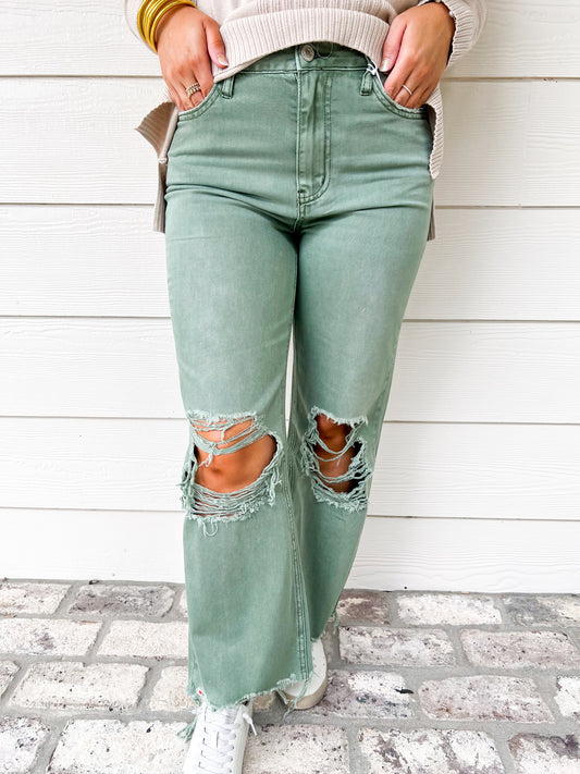 Army Green Vintage Crop Flare Jean - Southern Belle Boutique