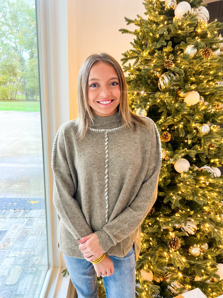 Olive Sweater w/Ivory Stitching - Southern Belle Boutique