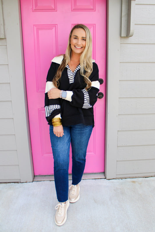 French Terry Knit Colorblock Top - Black White