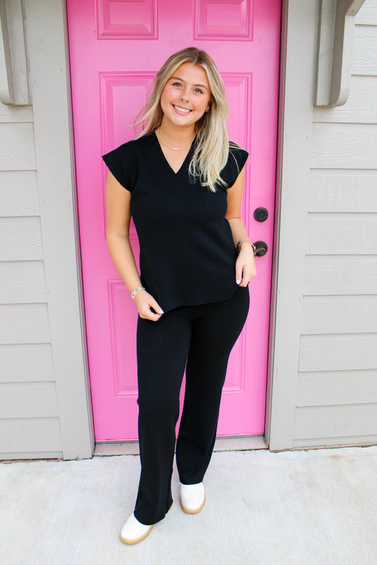 Straight Leg Sweater Pants - Black - Southern Belle Boutique