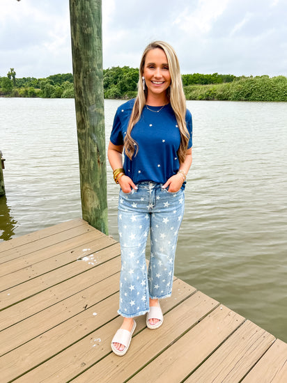 Star Embroidered Knit Top - Navy - Southern Belle Boutique