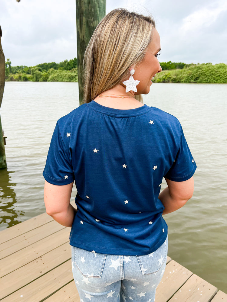 Star Embroidered Knit Top - Navy - Southern Belle Boutique