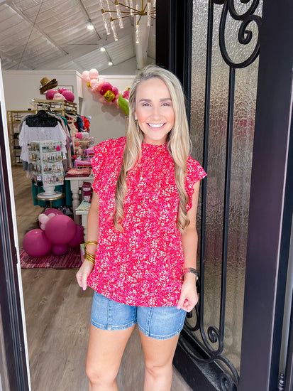 Red Pink Smocked Blouse - Southern Belle Boutique