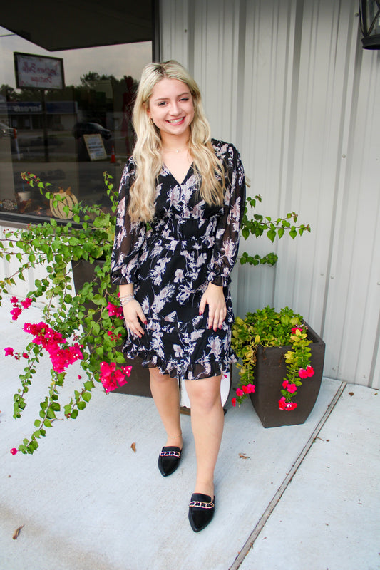 Floral Print Mini Dress - Black