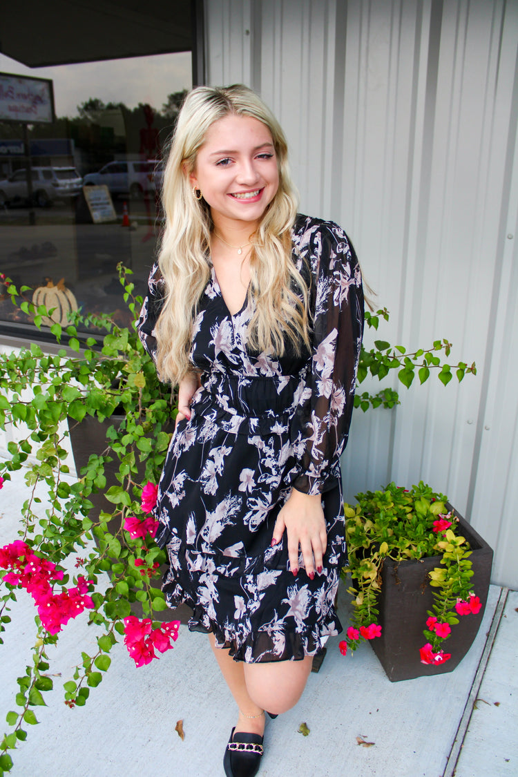 Floral Print Mini Dress - Black