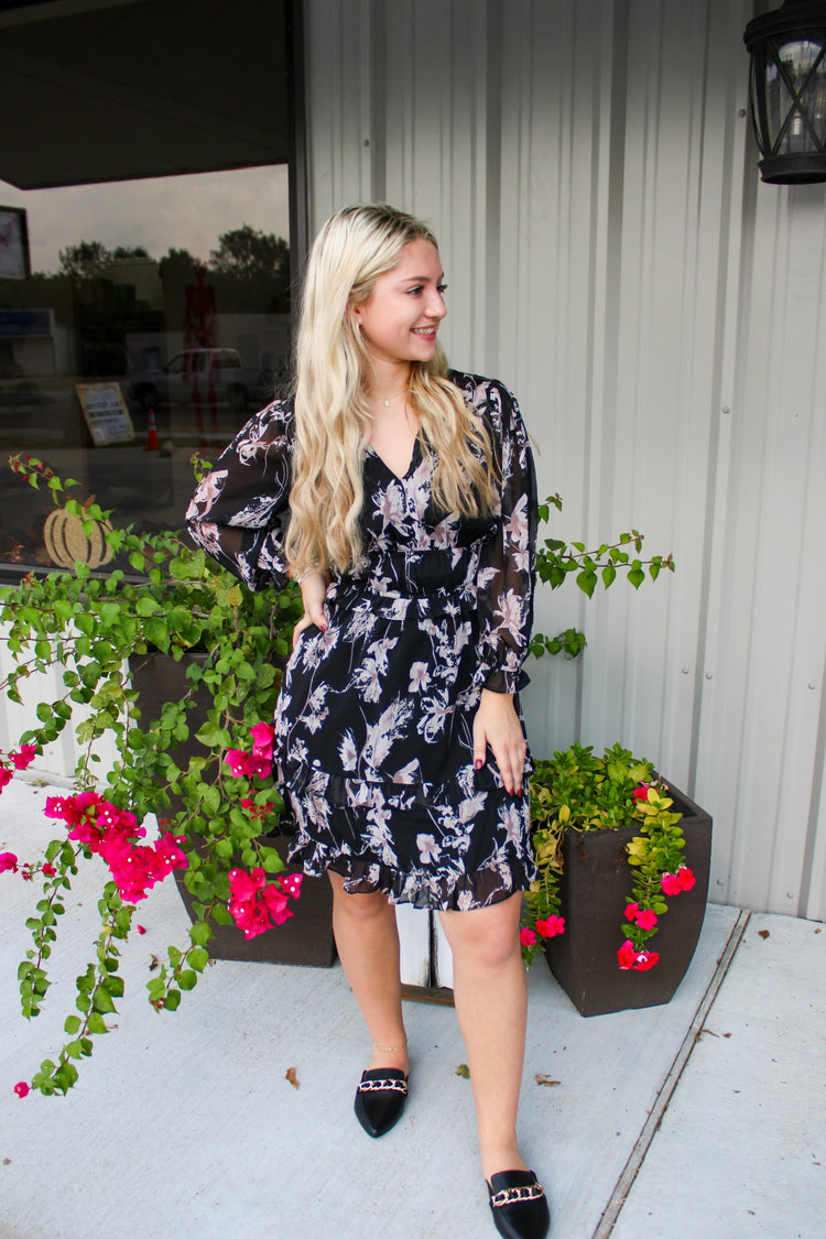 Floral Print Mini Dress - Black