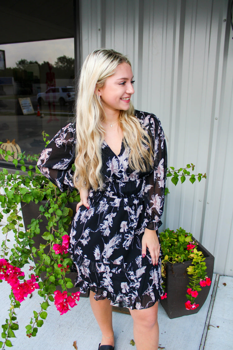 Floral Print Mini Dress - Black