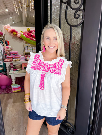White Sleeveless Blouse w/Pink Emb - Southern Belle Boutique
